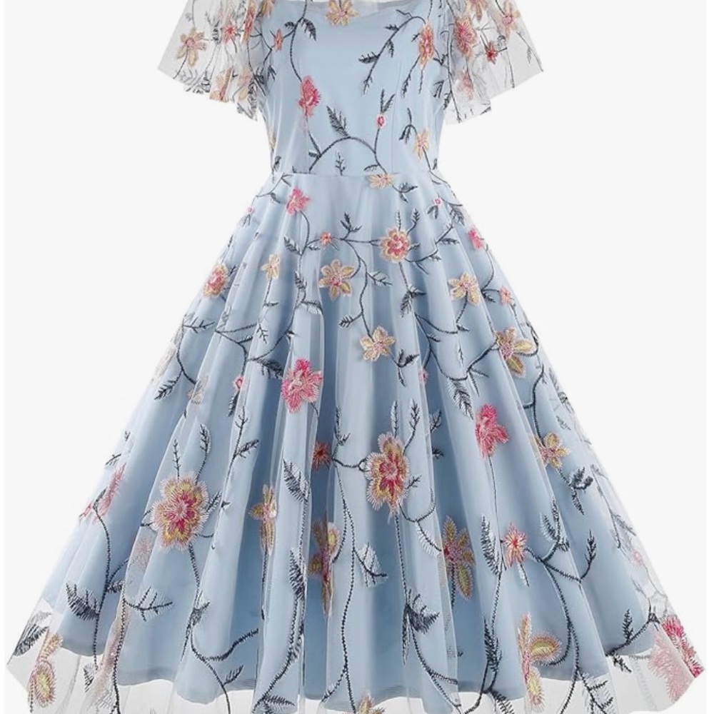 NWOT Blue Fit & Flare Midi Dress with Flutter Sleeves